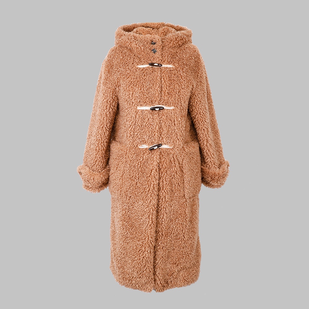 人造毛帶帽長款外套