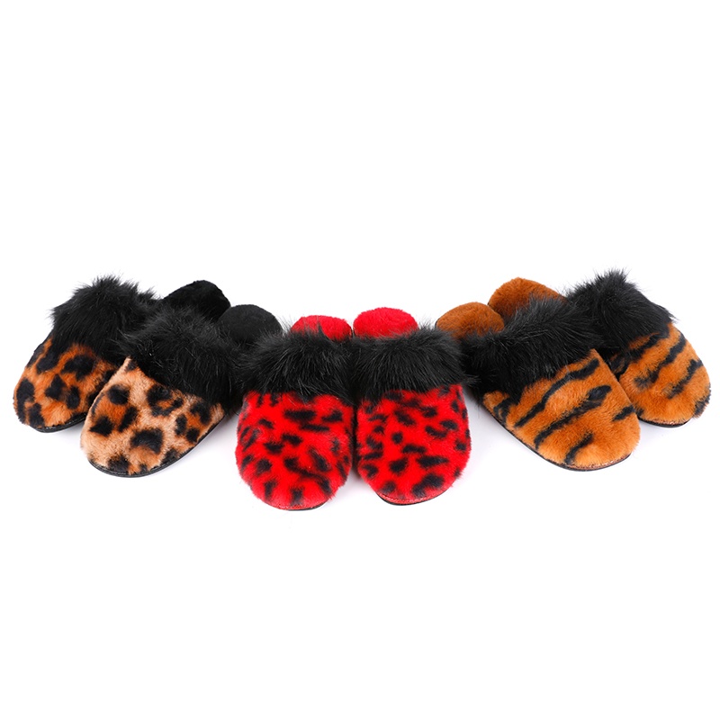 女士動(dòng)物花紋人造毛半幫拖鞋