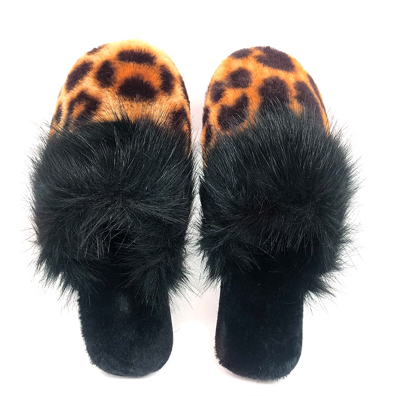 女士動(dòng)物花紋人造毛半幫拖鞋