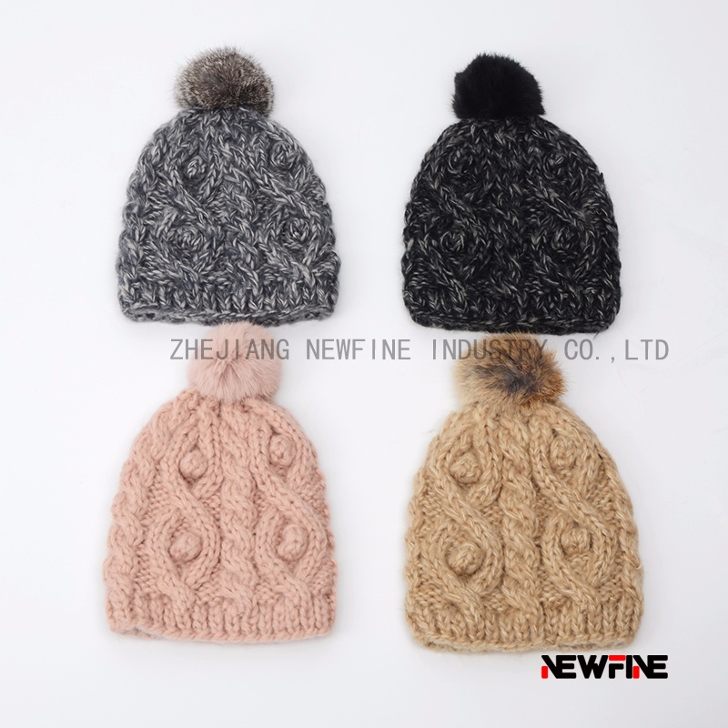 粗針織真兔毛毛球女士舒適可愛帽子