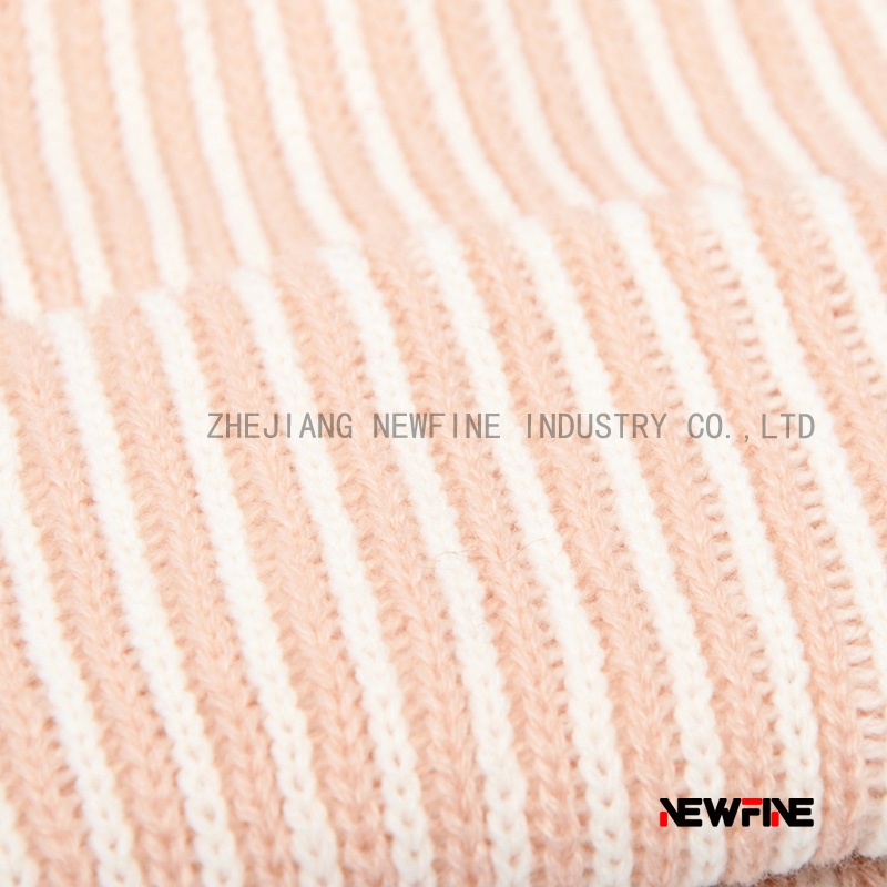 仿兔毛毛球針織豎條紋柔軟女士帽子